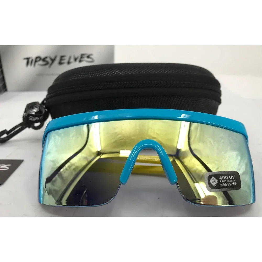 Tipsy Elves Retro Shield Sunglasses Blue‎ Yellow UV400 Performance Eyewear Case